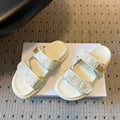 CD 26 Flat Slippers White Beige Sheepskin Embroidered Fabric 621801