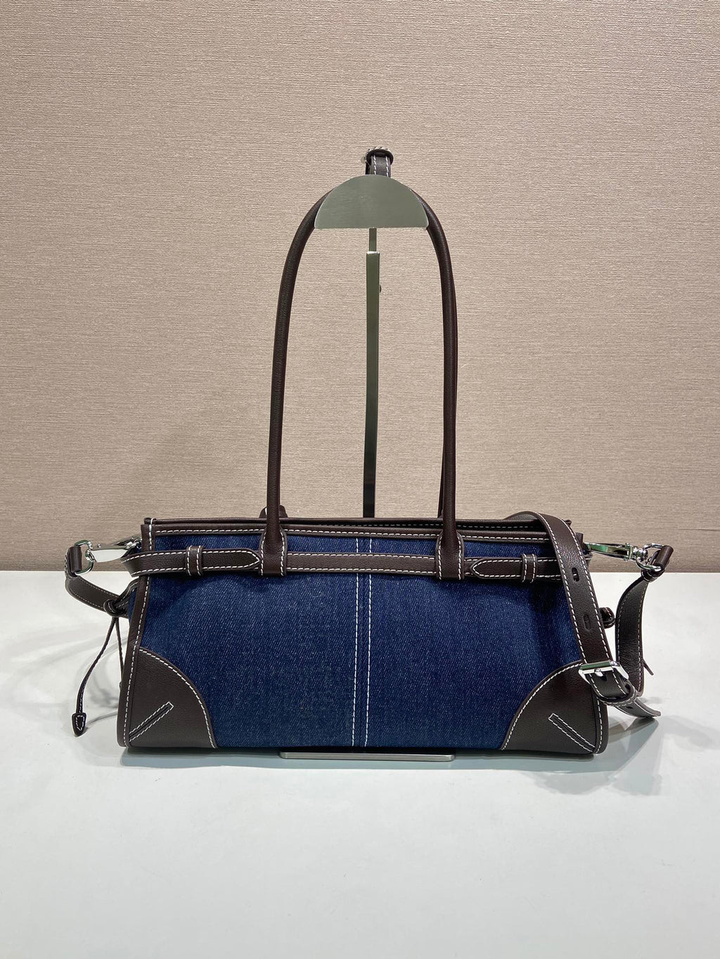Prada 2026 Bonnie Bag 32cm Blue Brown Denim Leather 351805