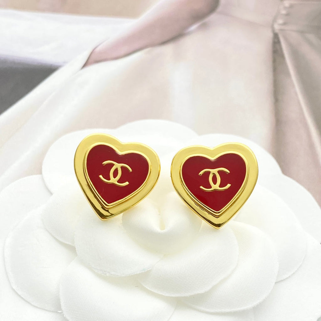 CC Red Enamel Gold Double C Heart Earrings