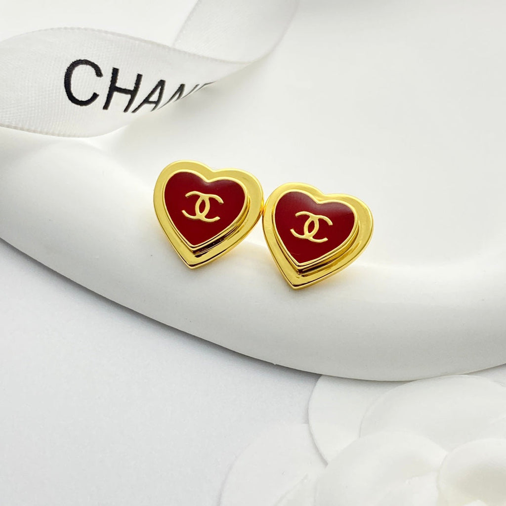 CC Red Enamel Gold Double C Heart Earrings