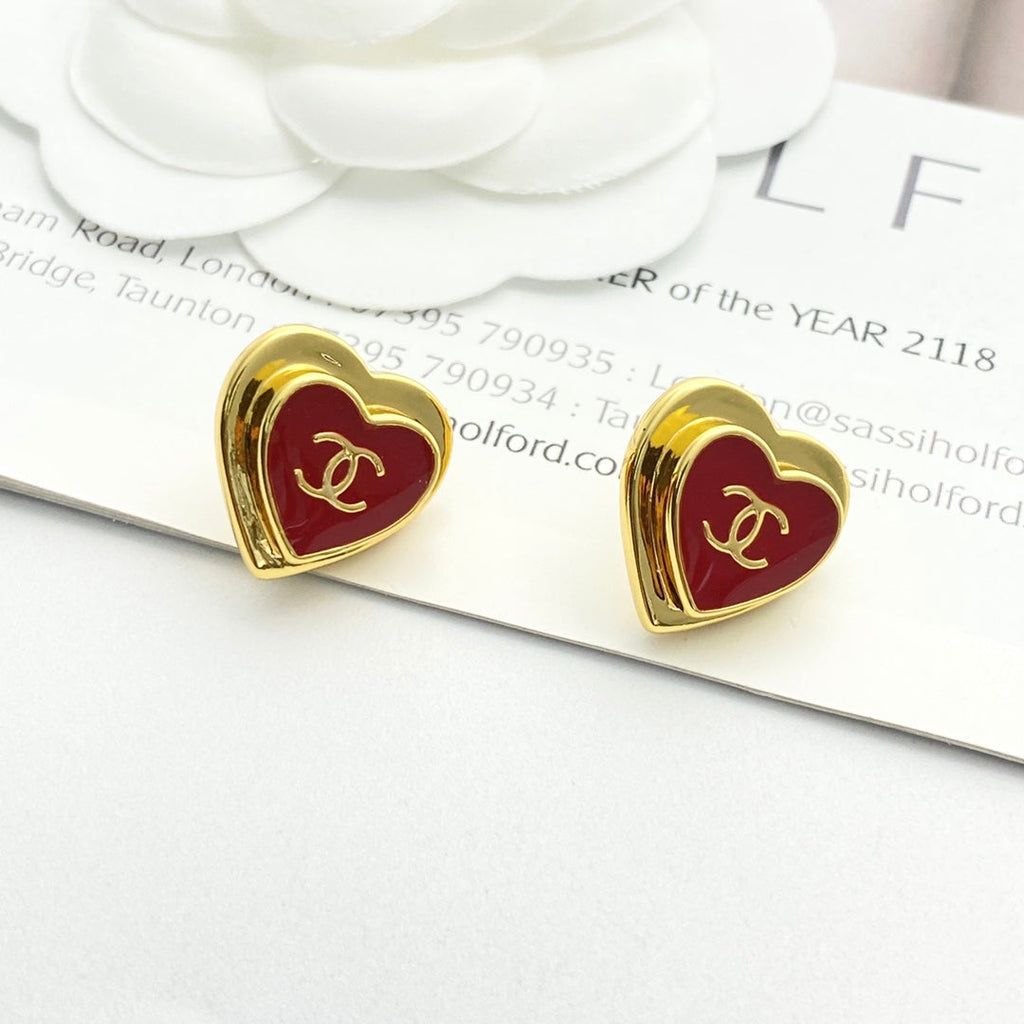 CC Red Enamel Gold Double C Heart Earrings