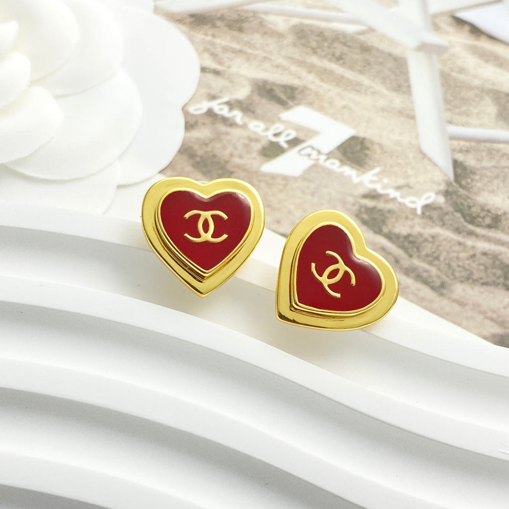 CC Red Enamel Gold Double C Heart Earrings