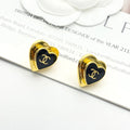 CC Black Enamel Gold Double C Heart Earrings