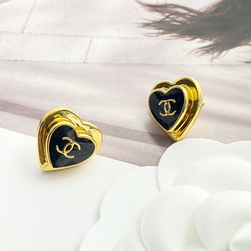 CC Black Enamel Gold Double C Heart Earrings