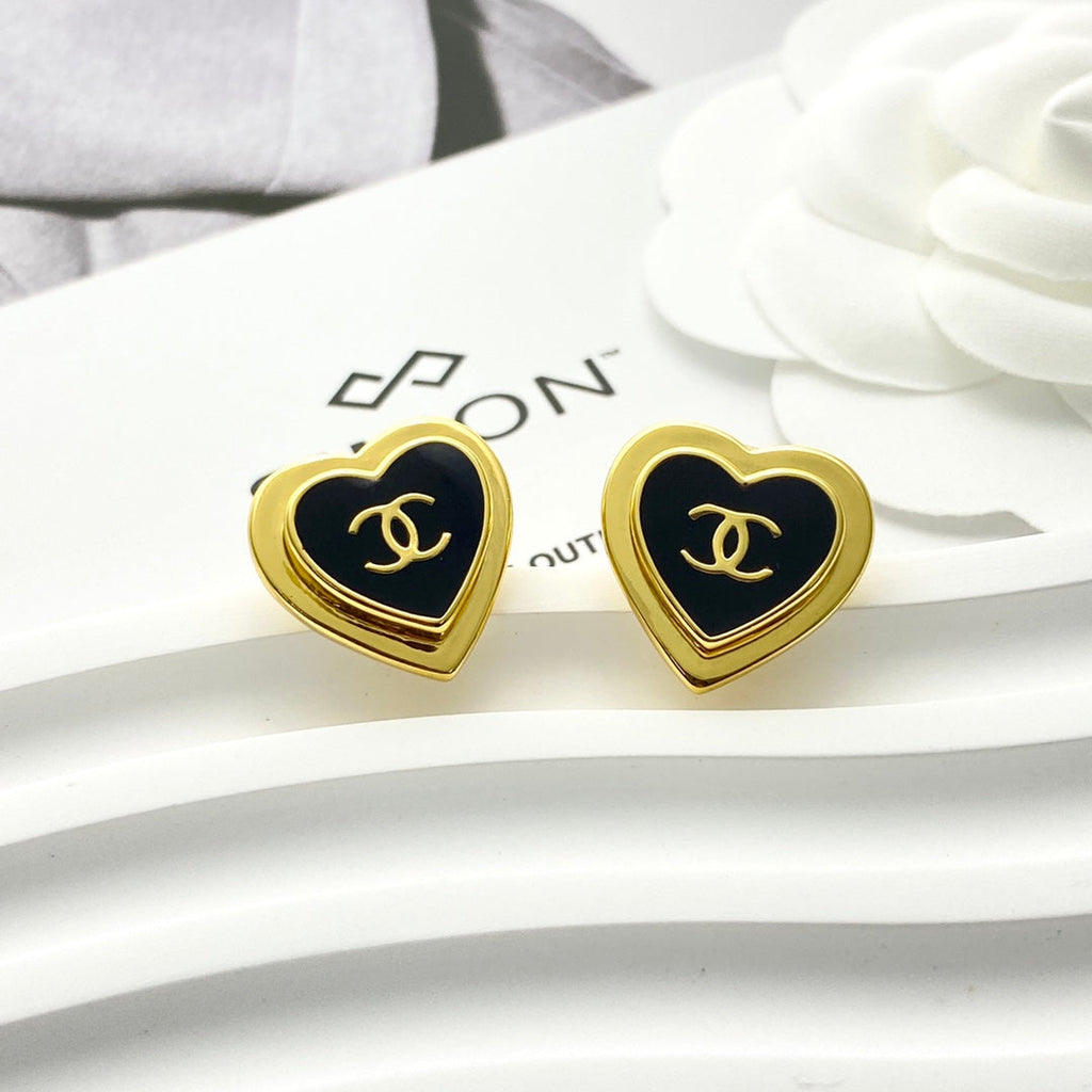CC Black Enamel Gold Double C Heart Earrings
