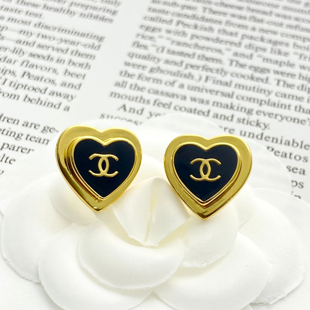 CC Black Enamel Gold Double C Heart Earrings