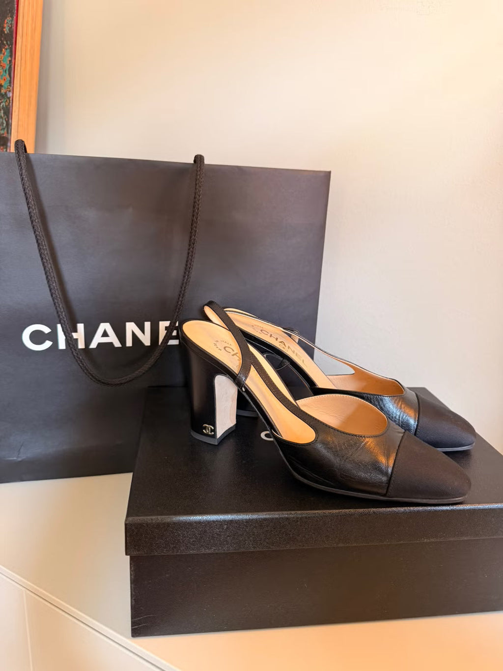 Chanel 2026 Slingback 9cm Black Beige Grosgrain Calfskin