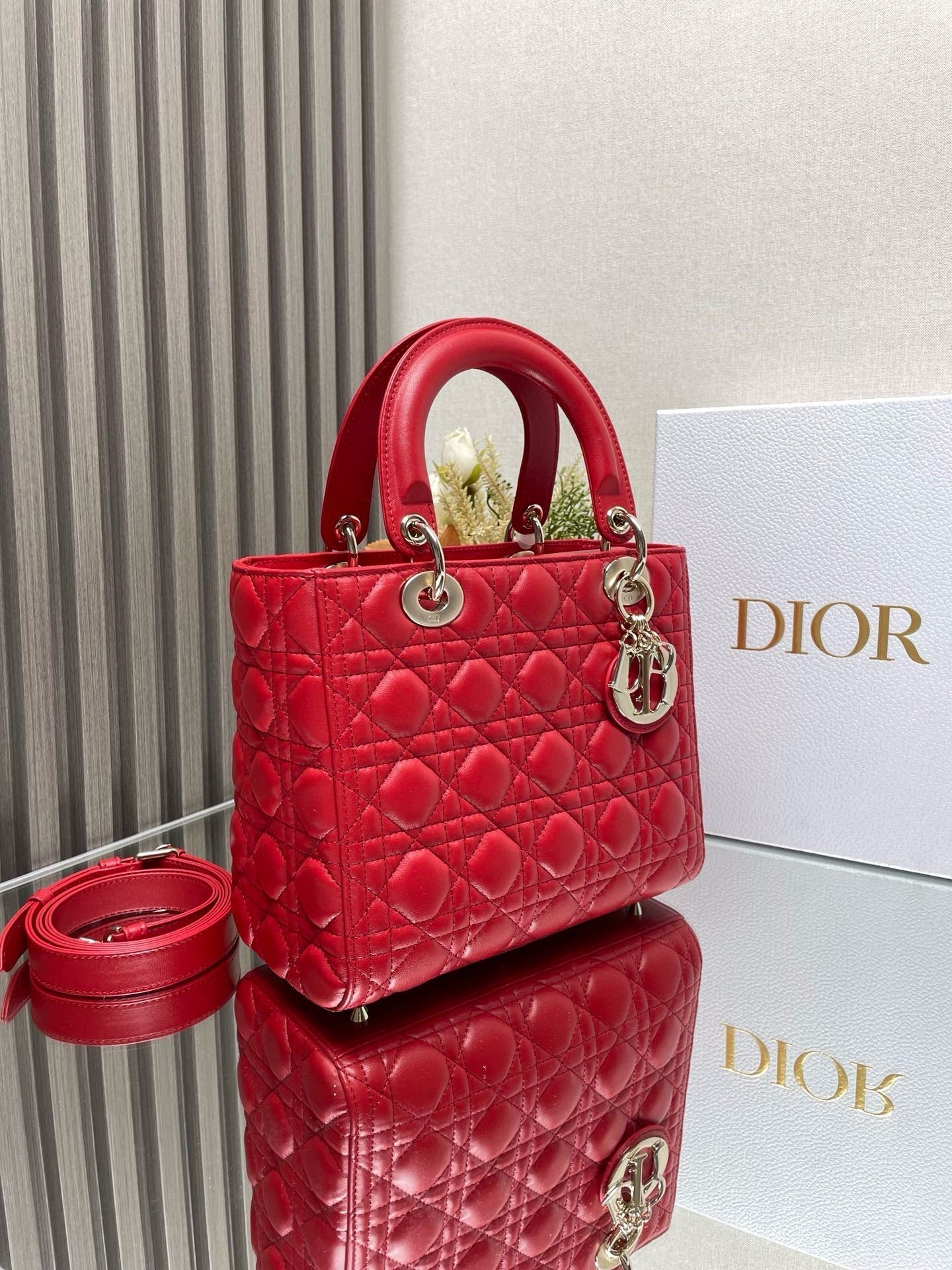 medium lady 24 red calfskin gold hardware