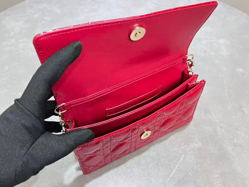 CD Pouch With Chain Cherry Red Patent Cannage Calfskin