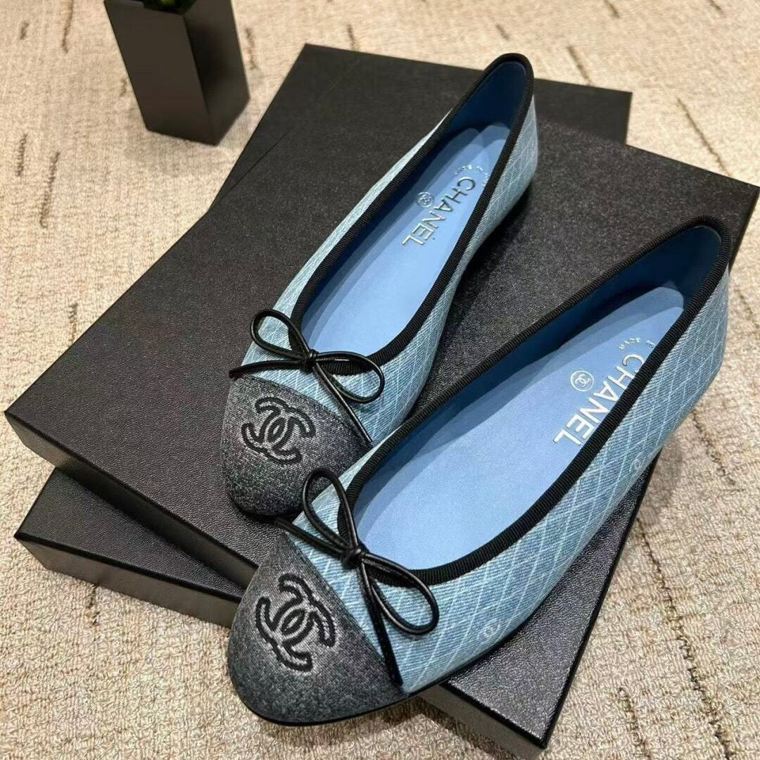 CC 25 Ballet Flat Blue Denim White Quilted