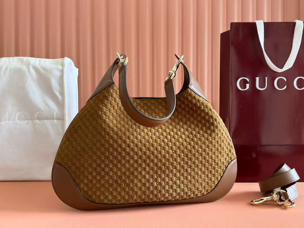 Gucci B Medium Shoulder Bag Brown Suede Leather