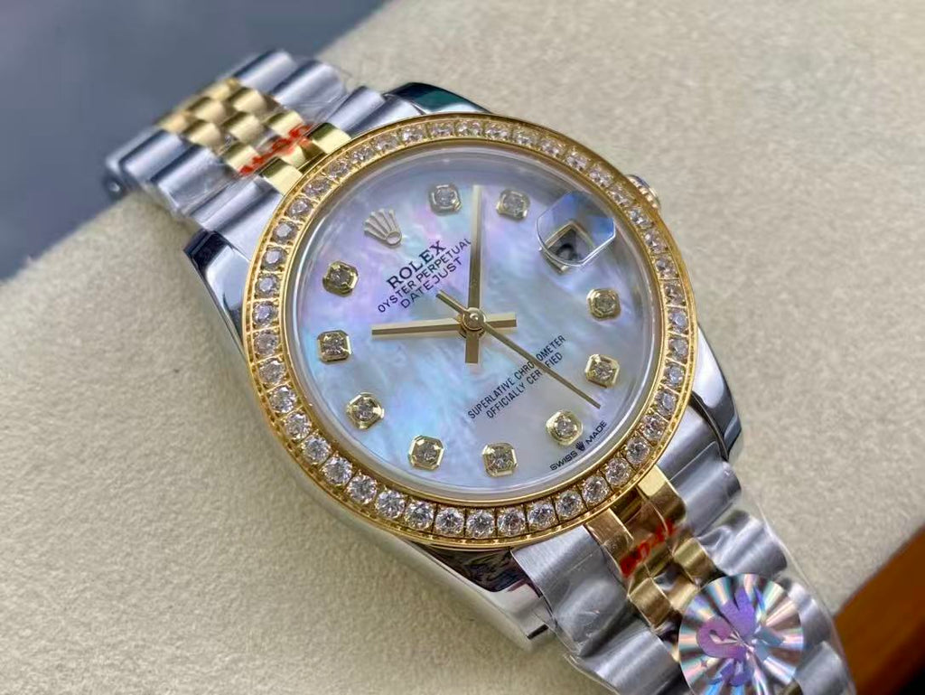 Datejust 28mm Gold Steel Diamond Bezel White Mop Dial