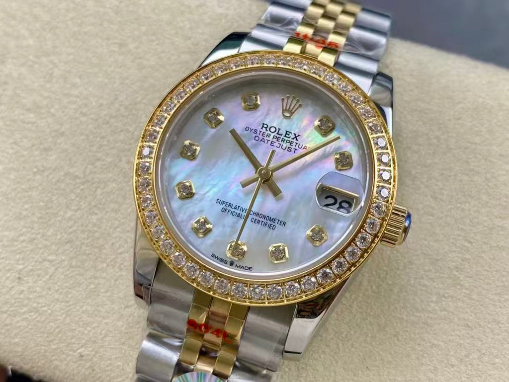 Datejust 28mm Gold Steel Diamond Bezel White Mop Dial