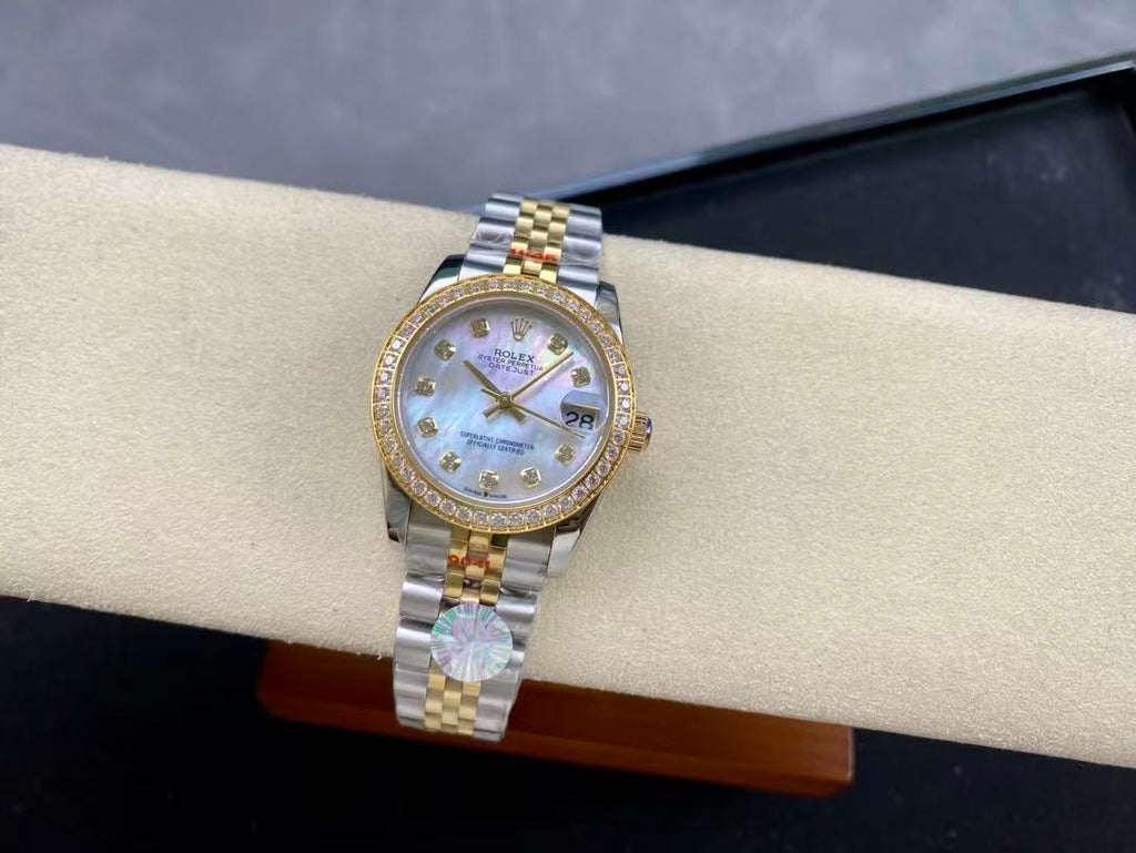 Datejust 28mm Gold Steel Diamond Bezel White Mop Dial