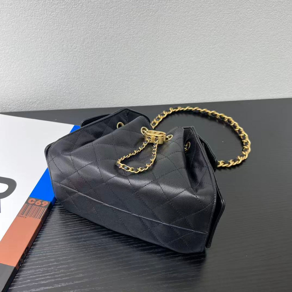 Chanel 2025 Hobo Bag 22cm Black Gold Grained Calfskin