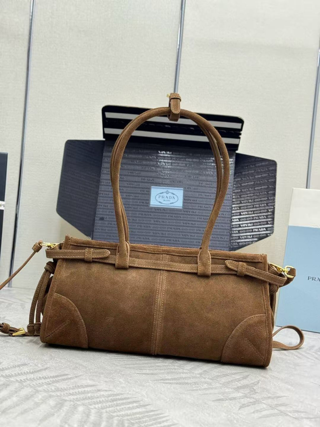 TOTE BAG WITH BELT 32 IN RUSSET BROWN SUEDE GOLD HARDWARE