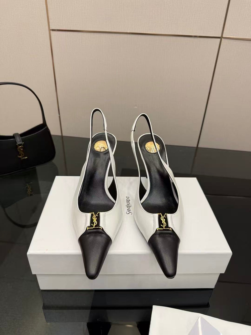 YSL 2026 Babylone Slingback Pump White Black Leather