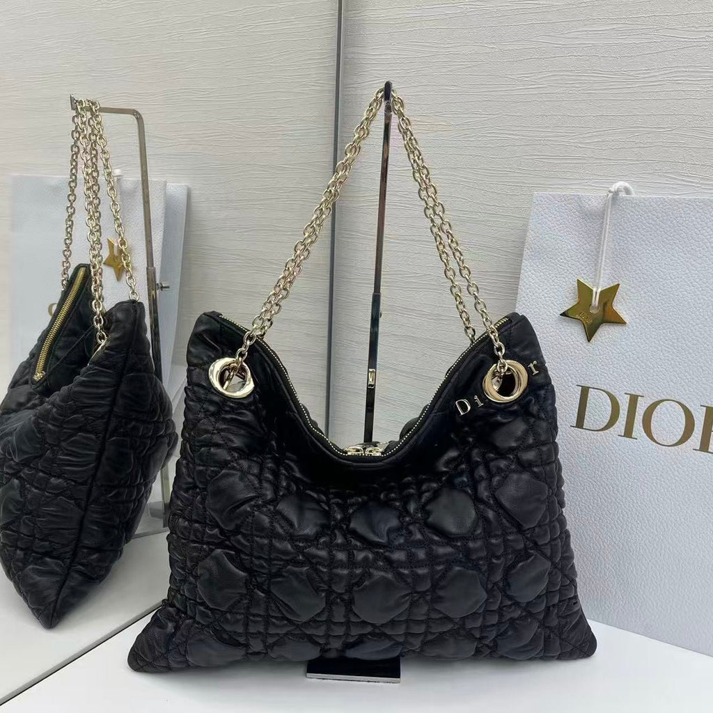 Dior 2026 Crunchy Bag 38cm Black Puffy Macrocannage Calfskin