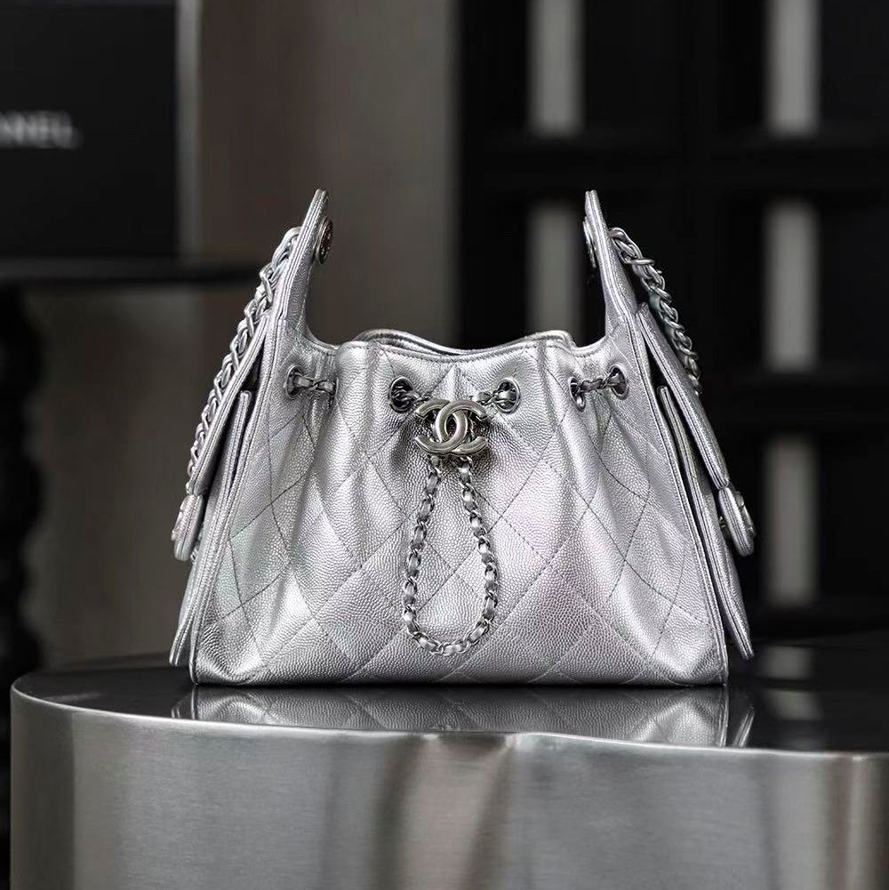 CC 25 Hobo Bag Mini 22cm Silver Metallic Grained Calfskin