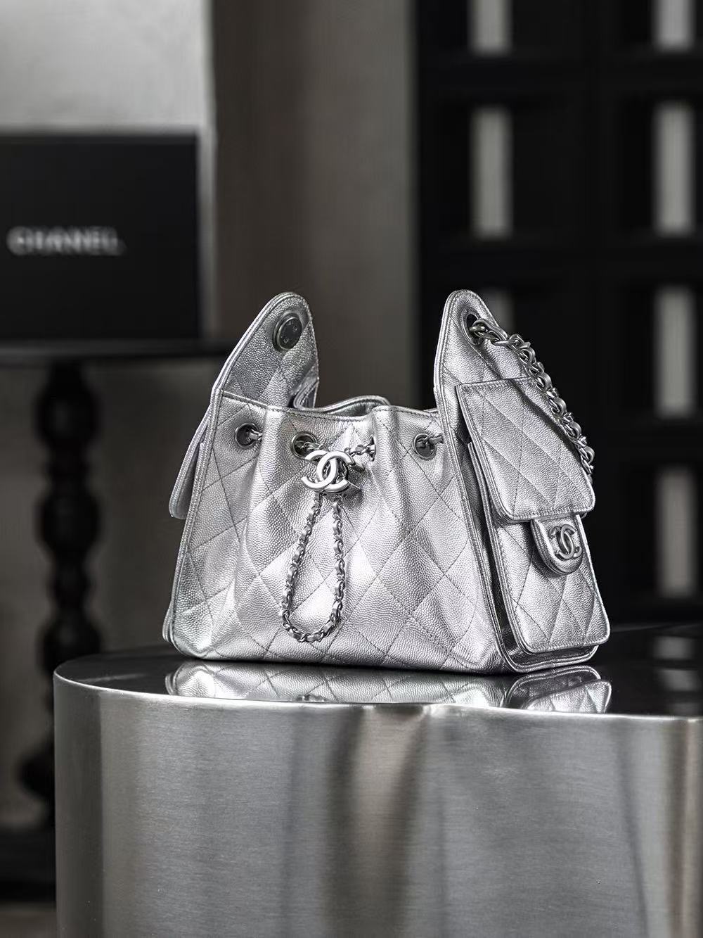 CC 25 Hobo Bag Mini 22cm Silver Metallic Grained Calfskin