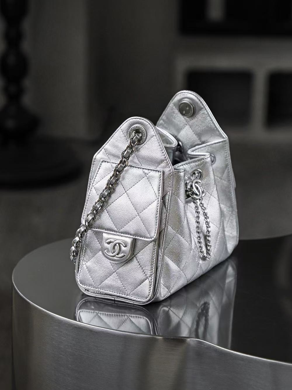 CC 25 Hobo Bag Mini 22cm Silver Metallic Grained Calfskin