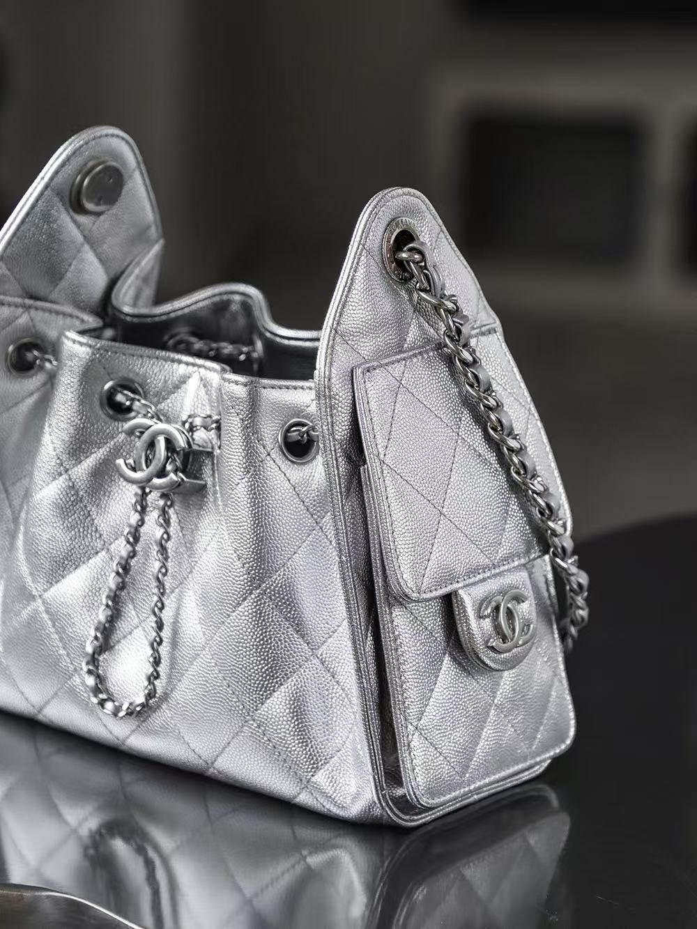 CC 25 Hobo Bag Mini 22cm Silver Metallic Grained Calfskin