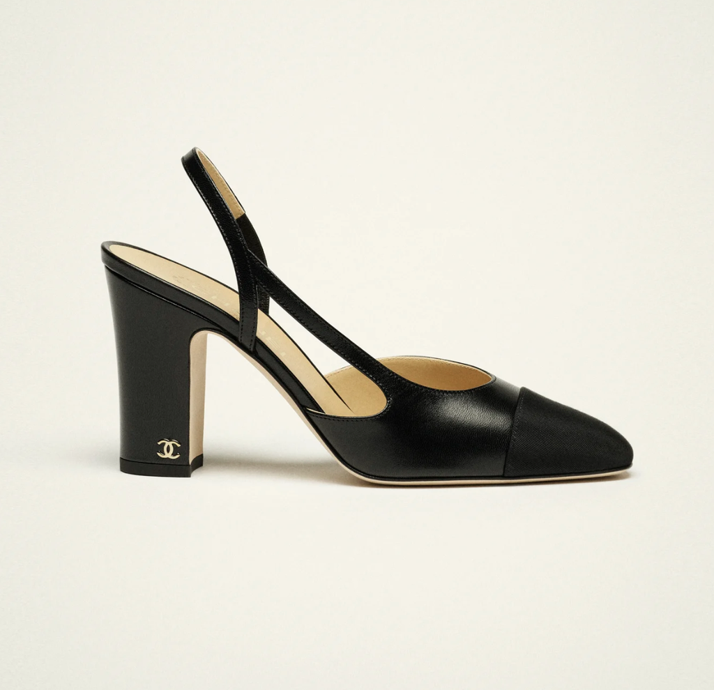 Chanel 2026 Slingback 9cm Black Beige Grosgrain Calfskin