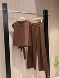 Prada Bow Tie T-shirt and Trouser Set Brown and Gray Wool Polyester