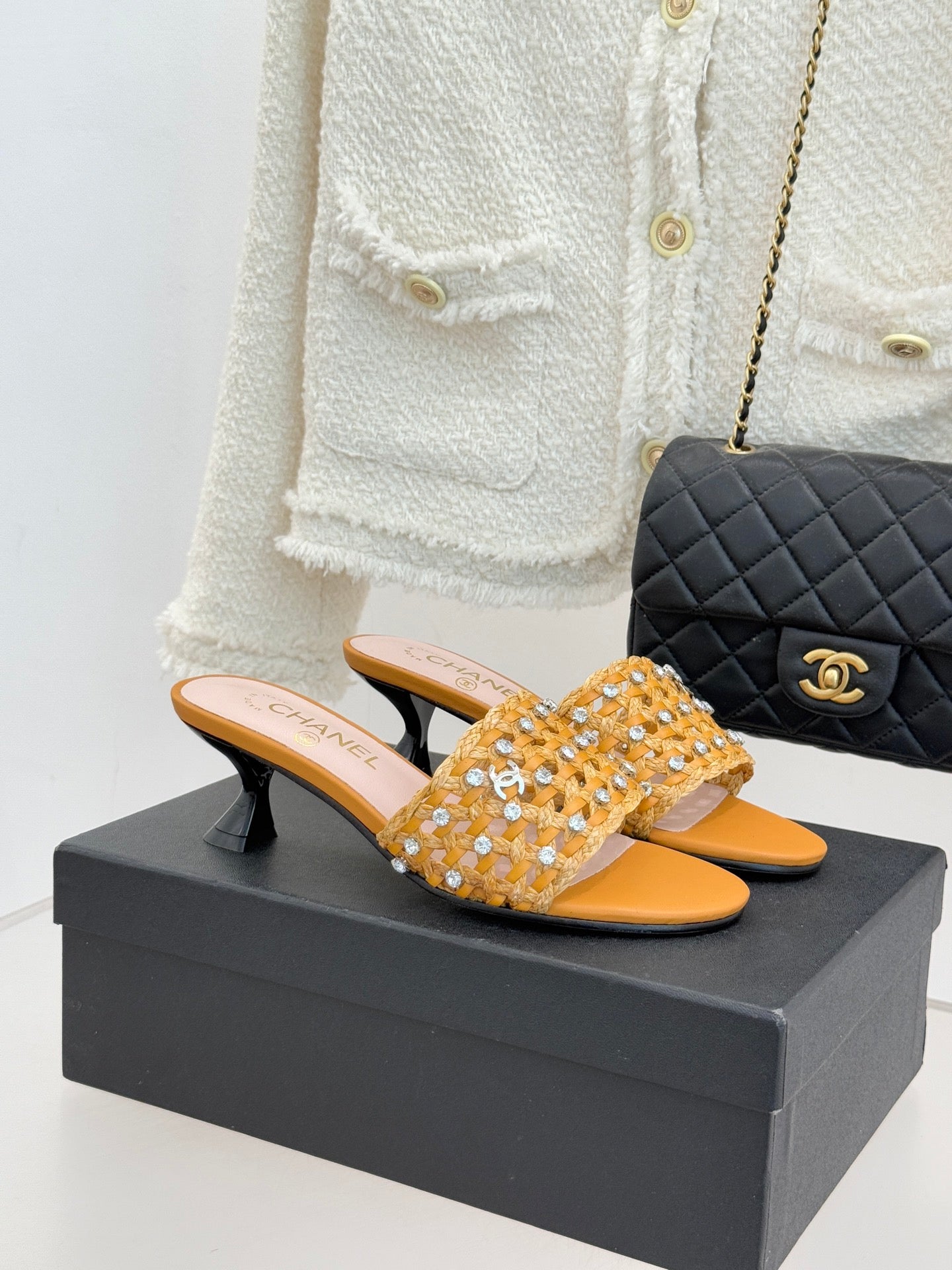 CC 2026 Heel Sandals 65 Woven Sheepskin Rhinestones