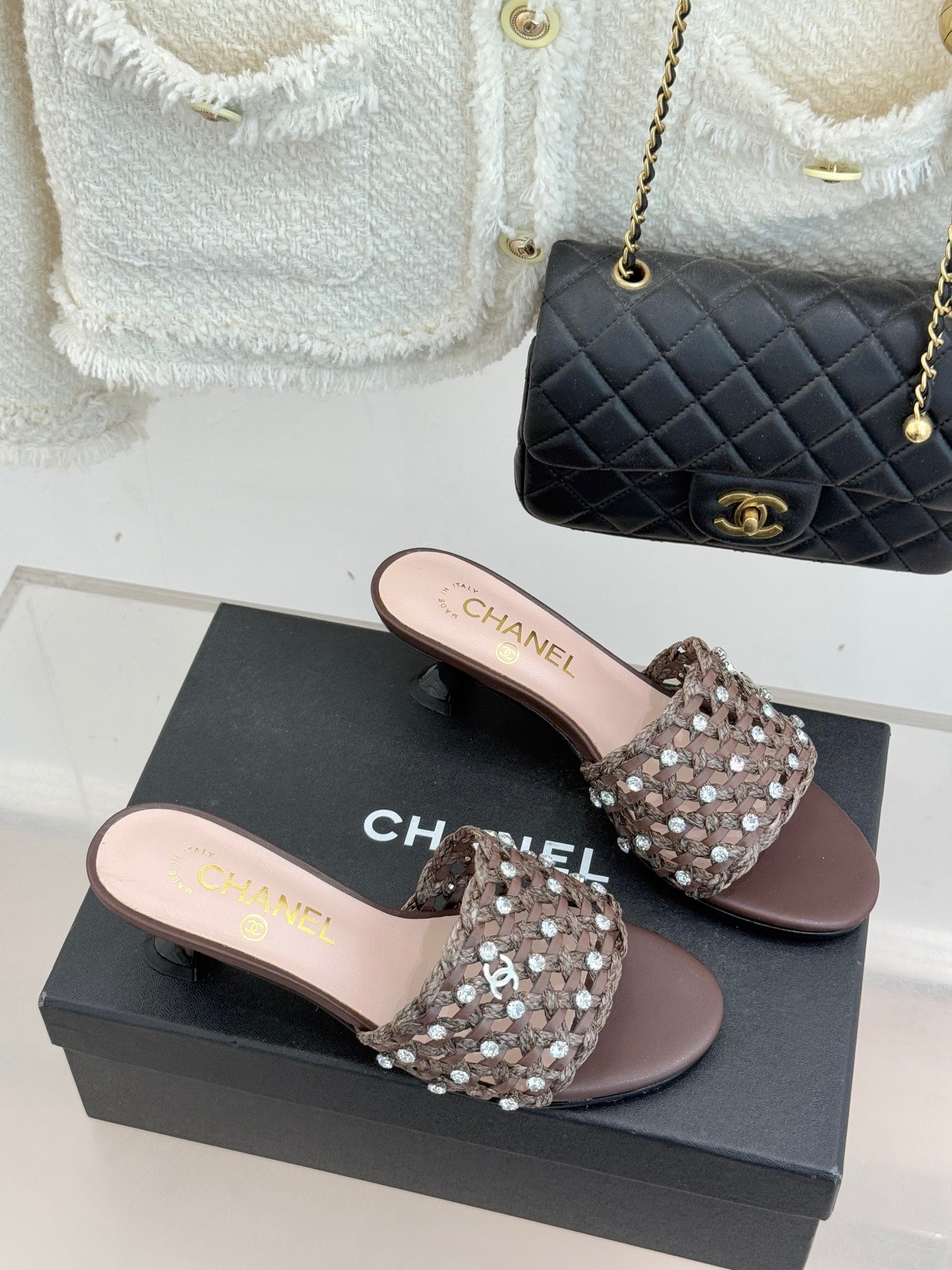 CC 2026 Heel Sandals 65 Woven Sheepskin Rhinestones
