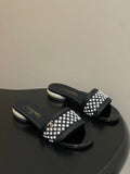 CC 2026 Pearl Flats Sandals Rhinestones Woven Sheepskin