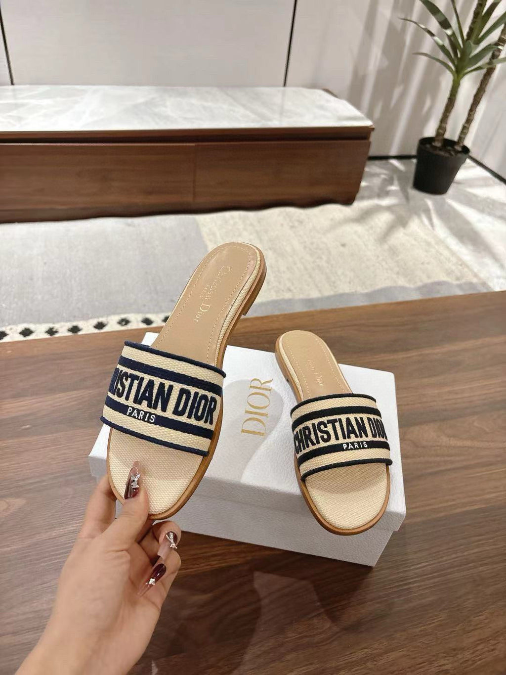 CD 26s Embroidered Sandals Beige Navy Blue Canvas Sheepskin 664321
