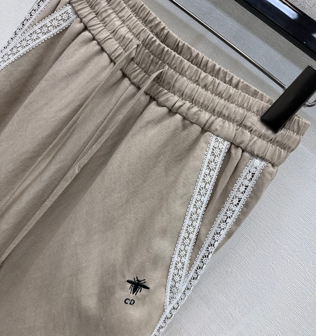 Dior 2026 Drawstring Linen Straight Leg Trouser Beige and Navy Blue Cotton