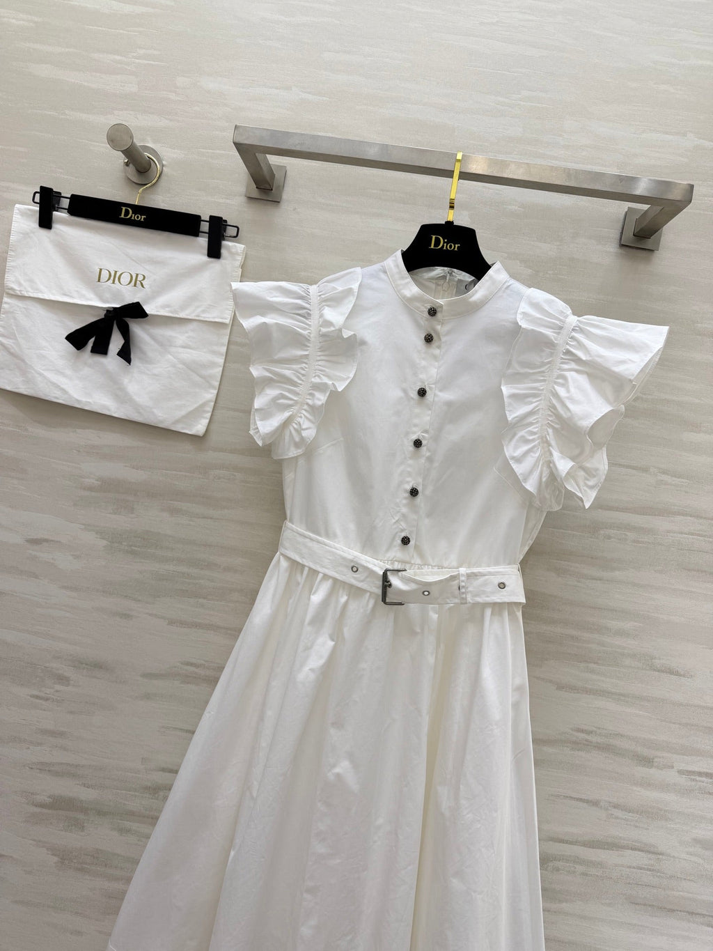 Dior 2026 Ruffled Shirt Dresses With Belt Black White Cotton 358341
