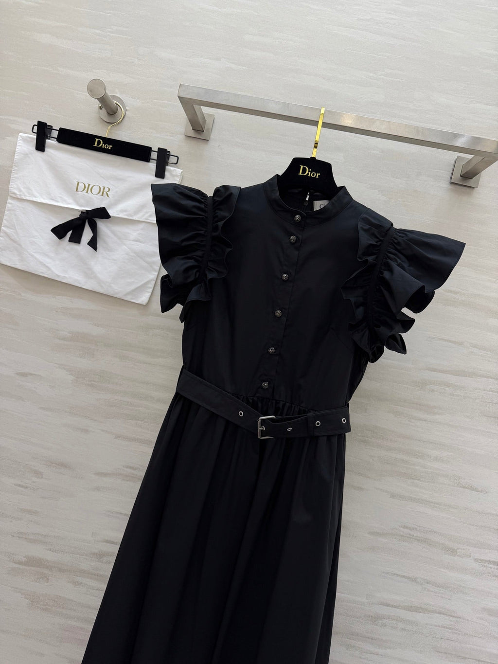 Dior 2026 Ruffled Shirt Dresses With Belt Black White Cotton 358341