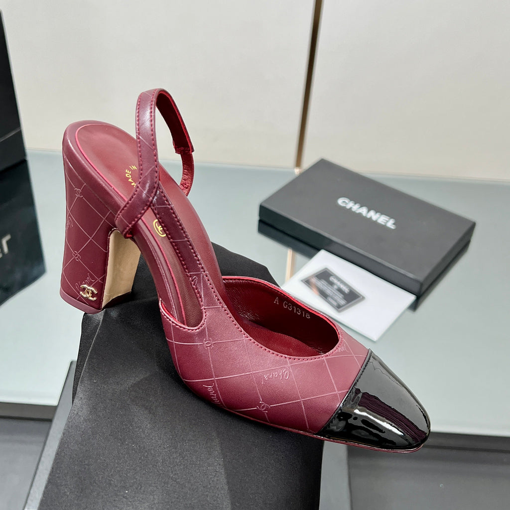 CC SLINGBACK 25S 90 MM IN BURGUNDY LAMBSKIN AND BLACK GLOSSY LEATHER WITH CHECK PATTERN