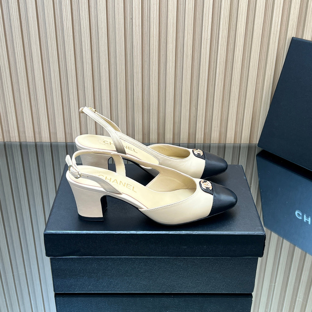 CHANEL 25S SLINGBACK SHOE LOGO 65MM IN BEIGE CALFSKIN GOLD HARDWRE