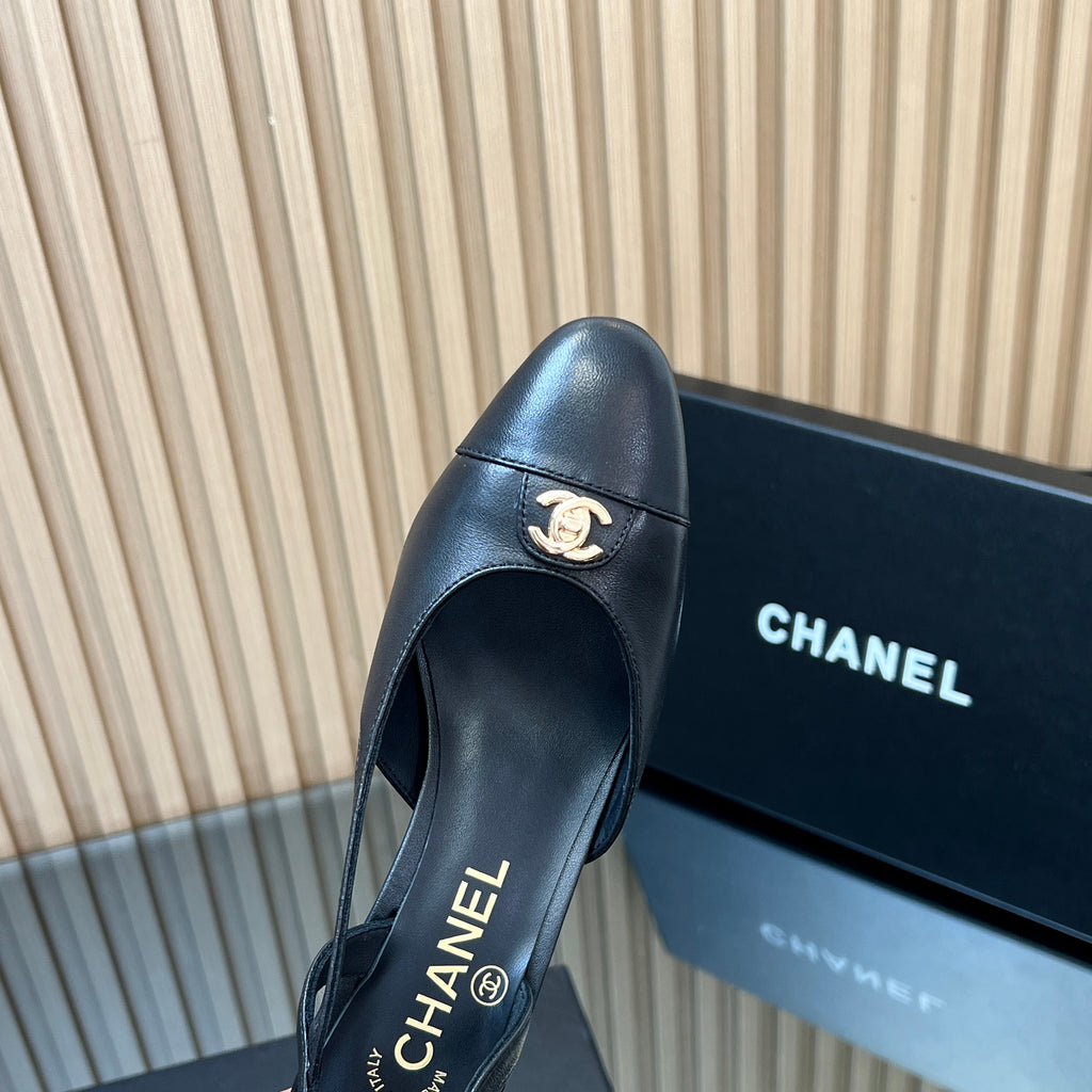 CHANEL 25S SLINGBACK SHOE LOGO 65MM IN BLACK CALFSKIN GOLD HARDWRE