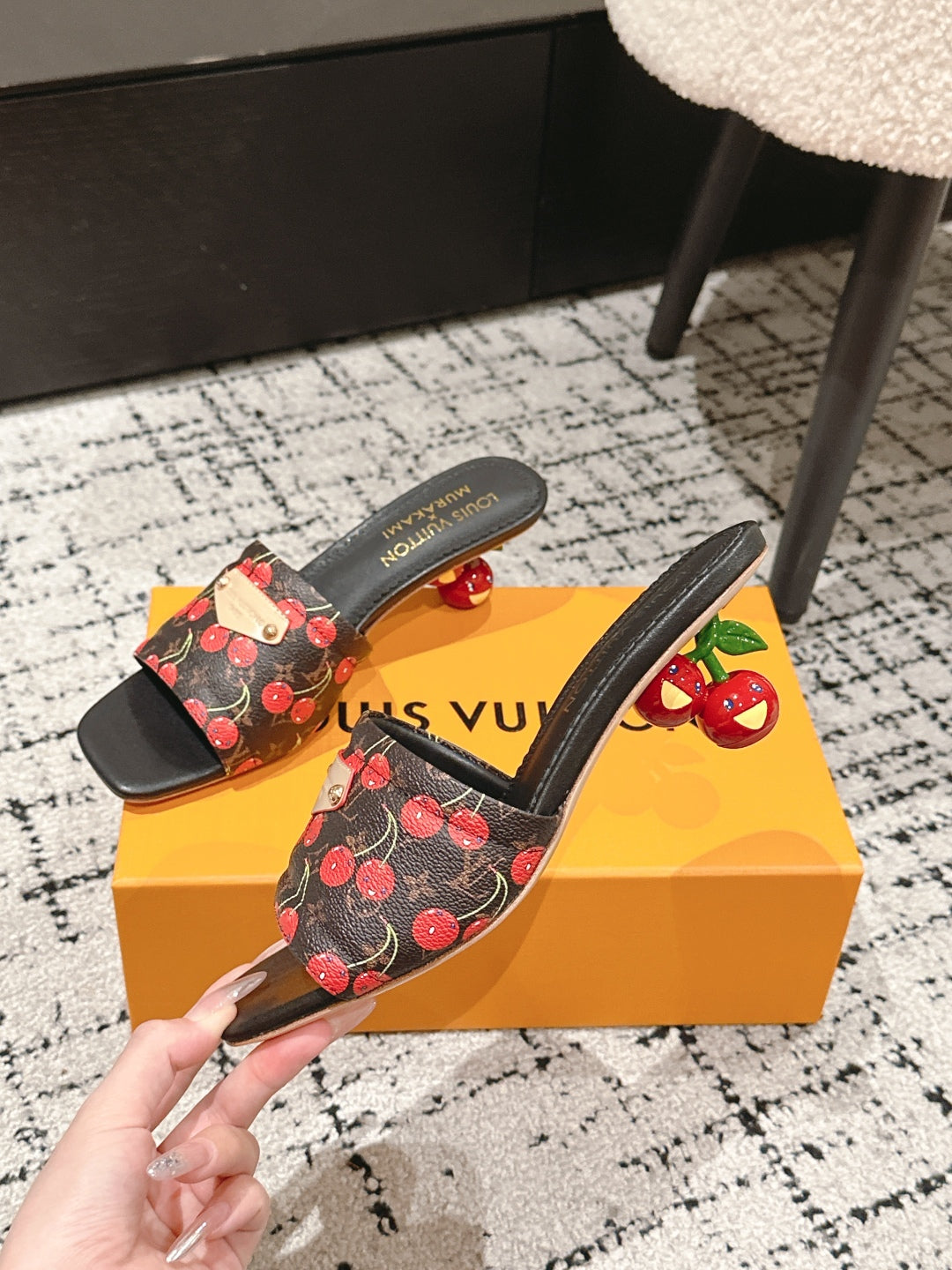LV CHERRY HIGH HEELS 25S 55 MM IN DARK BROWN MIX BLACK CALFSKIN STYLE 12
