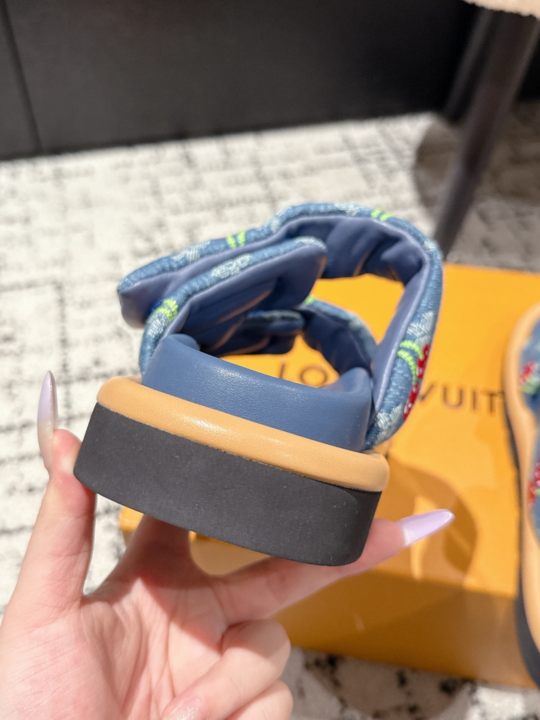 LV MIAMI DOUBLE-STRAP SANDALS 25S IN BLUE DENIM AND CALFSKIN