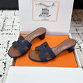 HM 26ss High-Heeled Sandals 50 Brown Dark Blue Denim Cowhide 617221