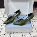 PRADA 26S POINTED-TOE HIGH HEELS 75MM IN DARK OLIVE GREEN CALFSKIN WITH BOW