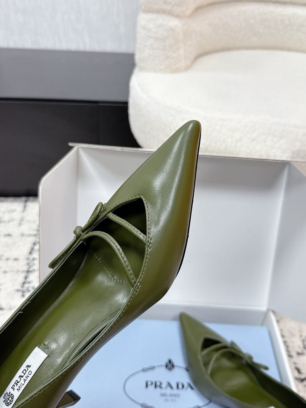 PRADA 26S POINTED-TOE HIGH HEELS 75MM IN DARK OLIVE GREEN CALFSKIN