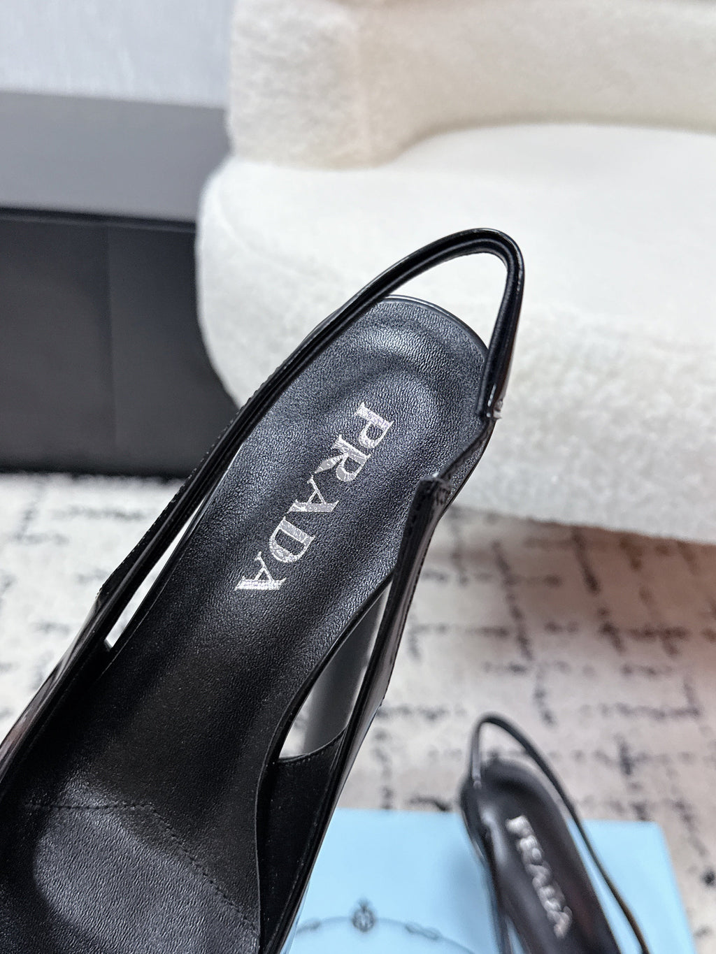 PRADA 26S SLINGBACK PUMPS 60MM IN BLACK PATENT CALFSKIN