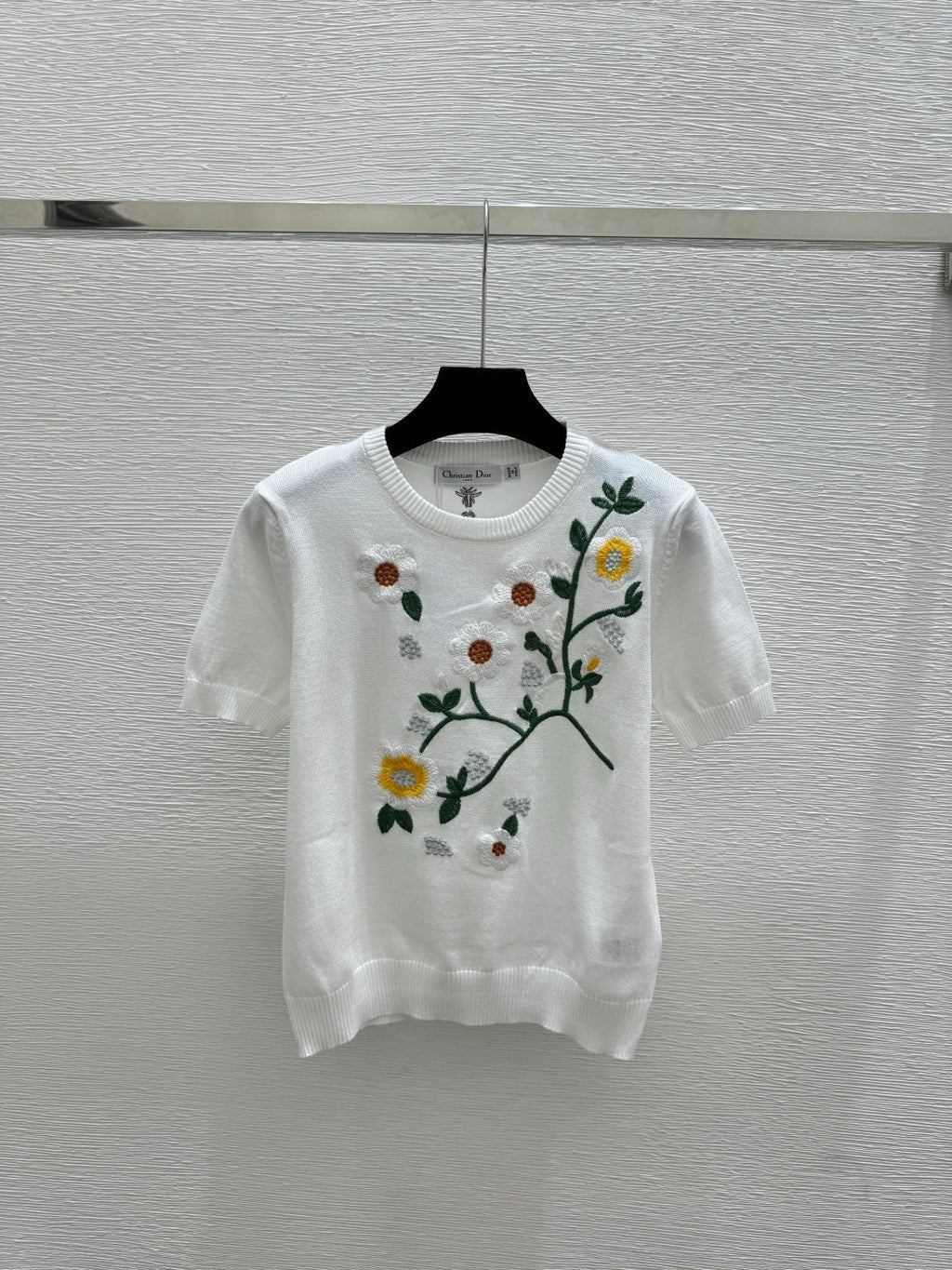 Dior 2026 Floral Crew Neck Knitted Short-Sleeve Top White and Pink Wool