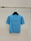 Dior 2026 Embroidered Logo Short-Sleeve Knit Top Blue and Beige Wool 374945