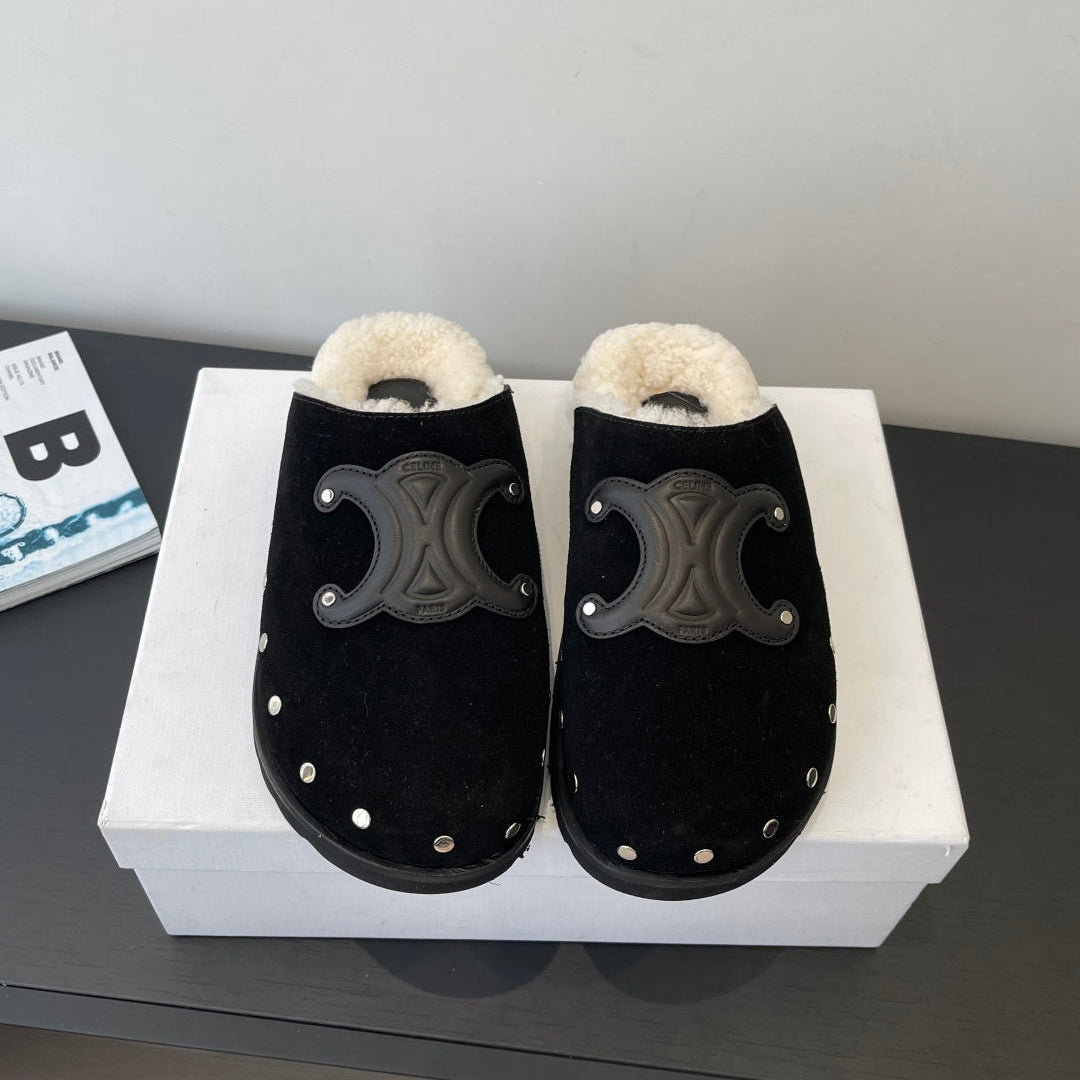 CELINE 26S FUR-LINED MULES IN BLACK SUEDE