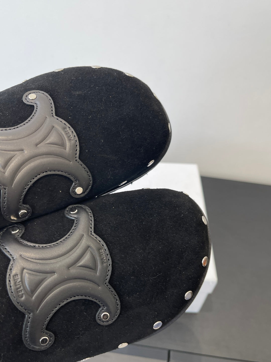CELINE 26S FUR-LINED MULES IN BLACK SUEDE
