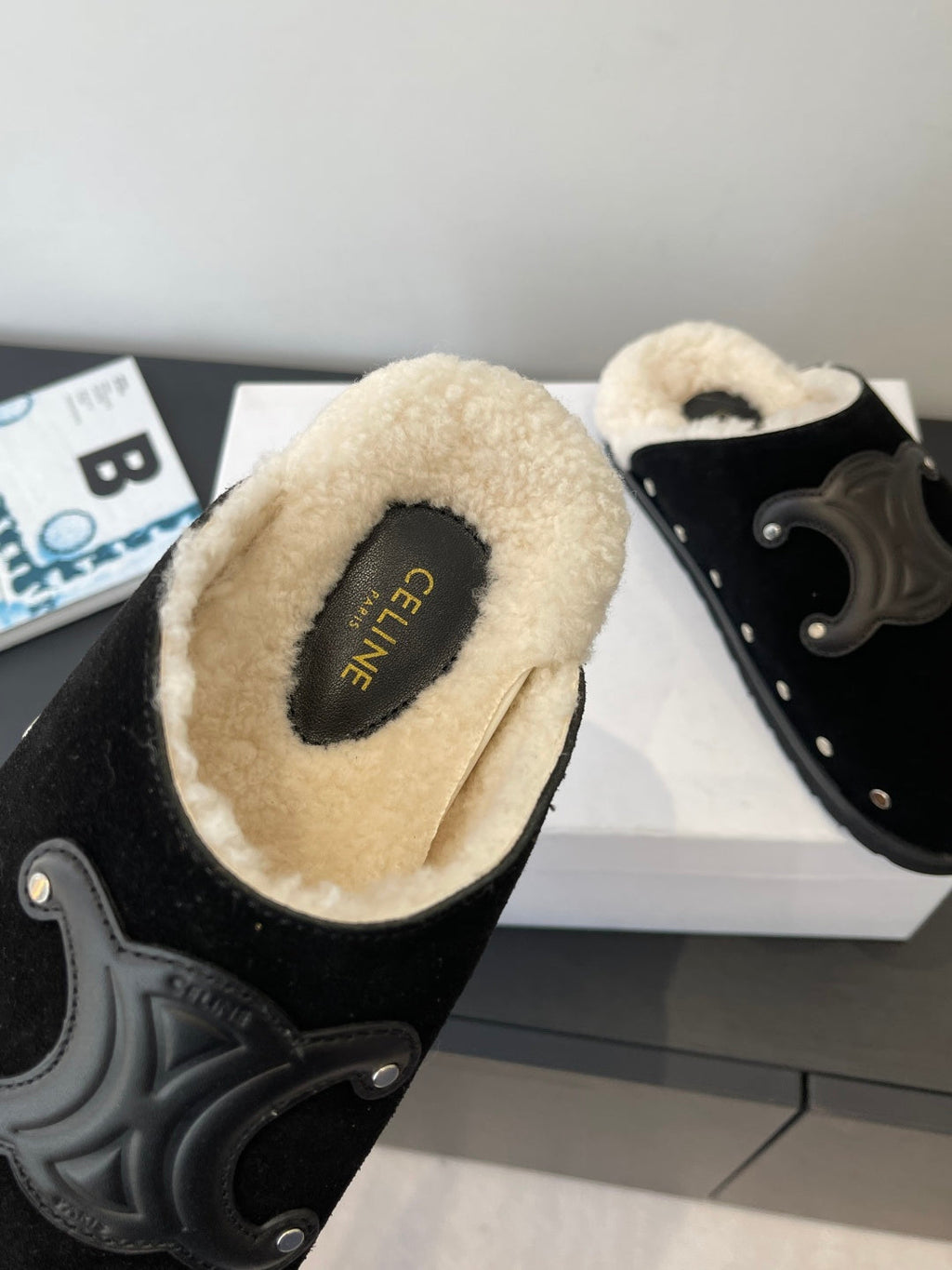 CELINE 26S FUR-LINED MULES IN BLACK SUEDE