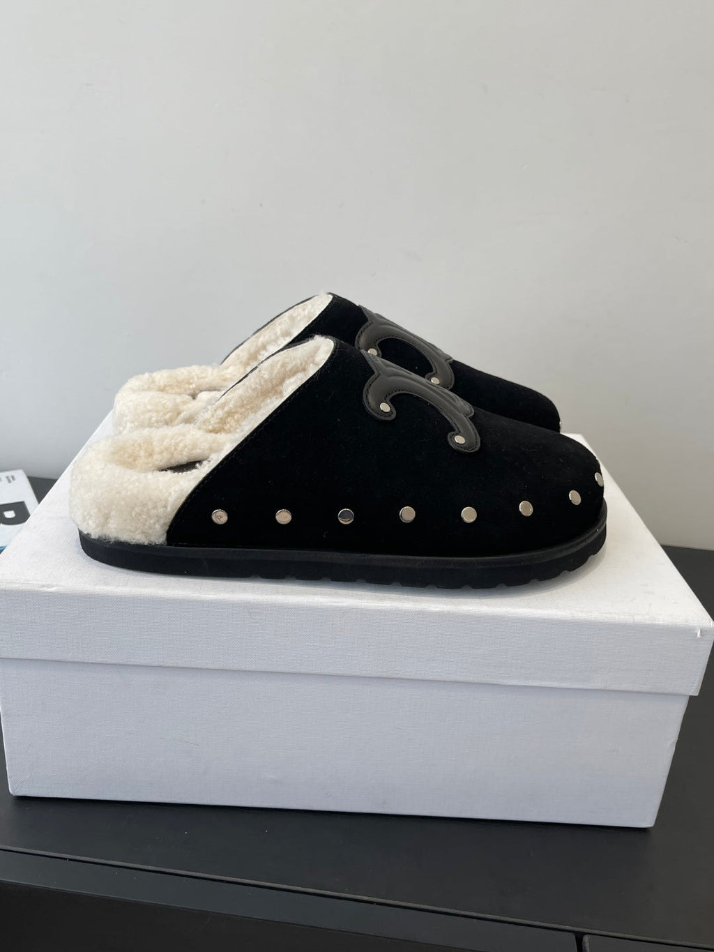 CELINE 26S FUR-LINED MULES IN BLACK SUEDE